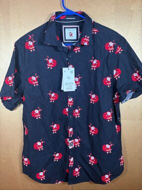 Denim & flower mens santa print button down shirt size XL